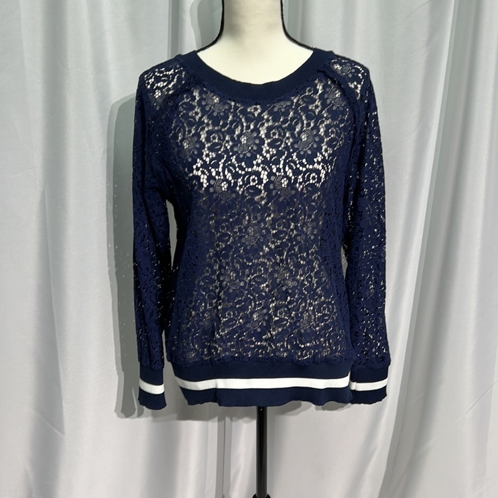 MASSINI Sheer Lace Crew Neck Navy Blue Blouse with Ruffle - Size Small